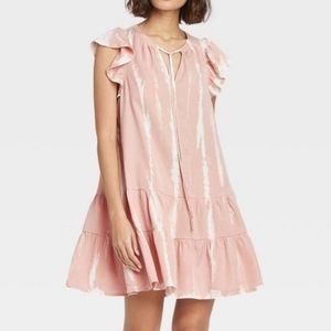Knox Rose Pink Tie Dye Flutter Sleeve Tiered Hem Loose Fit Dress, Size Medium